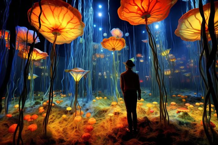 lone figure in glowing fantasy forest