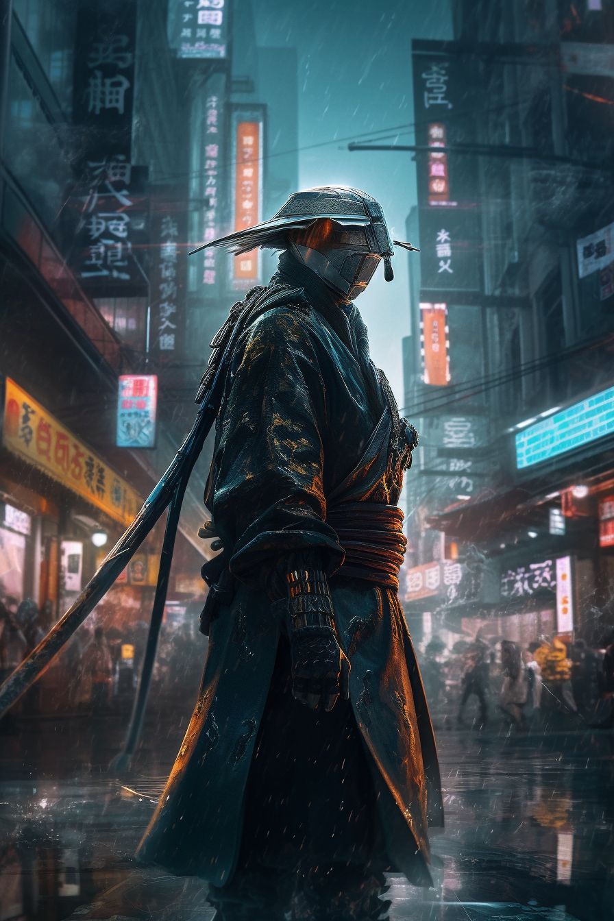 cyberpunk samurai in neon street