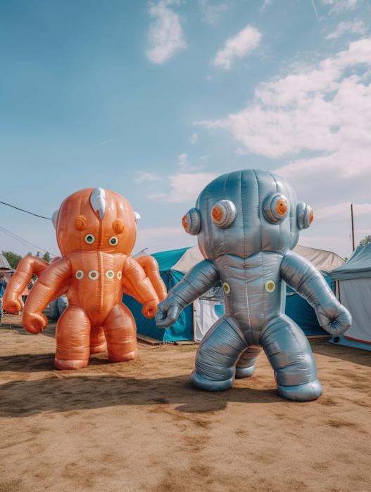 inflatable robots on beach, surreal