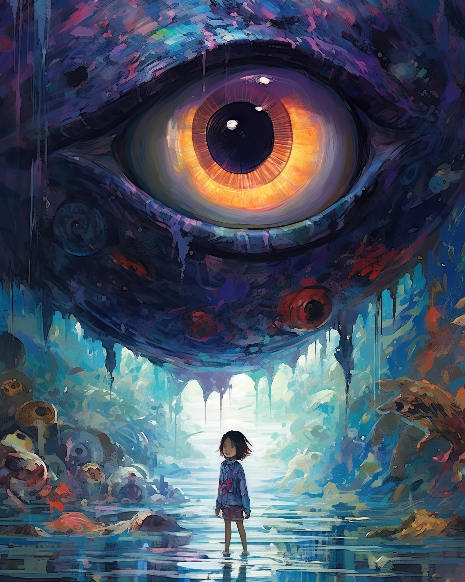 giant eye with small child, surreal