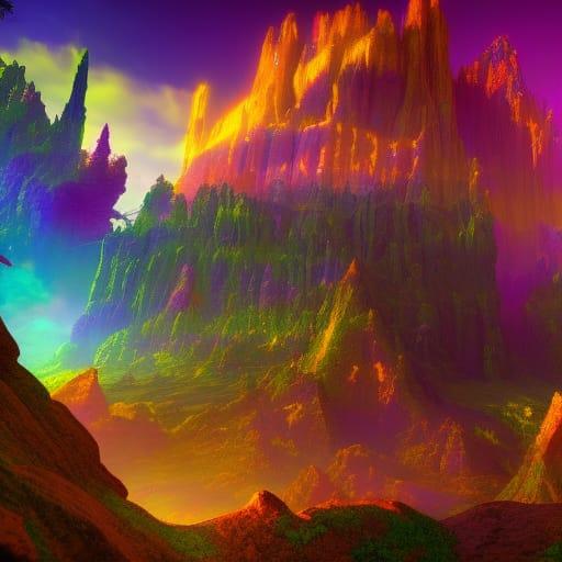 rainbow volcanic fantasy landscape